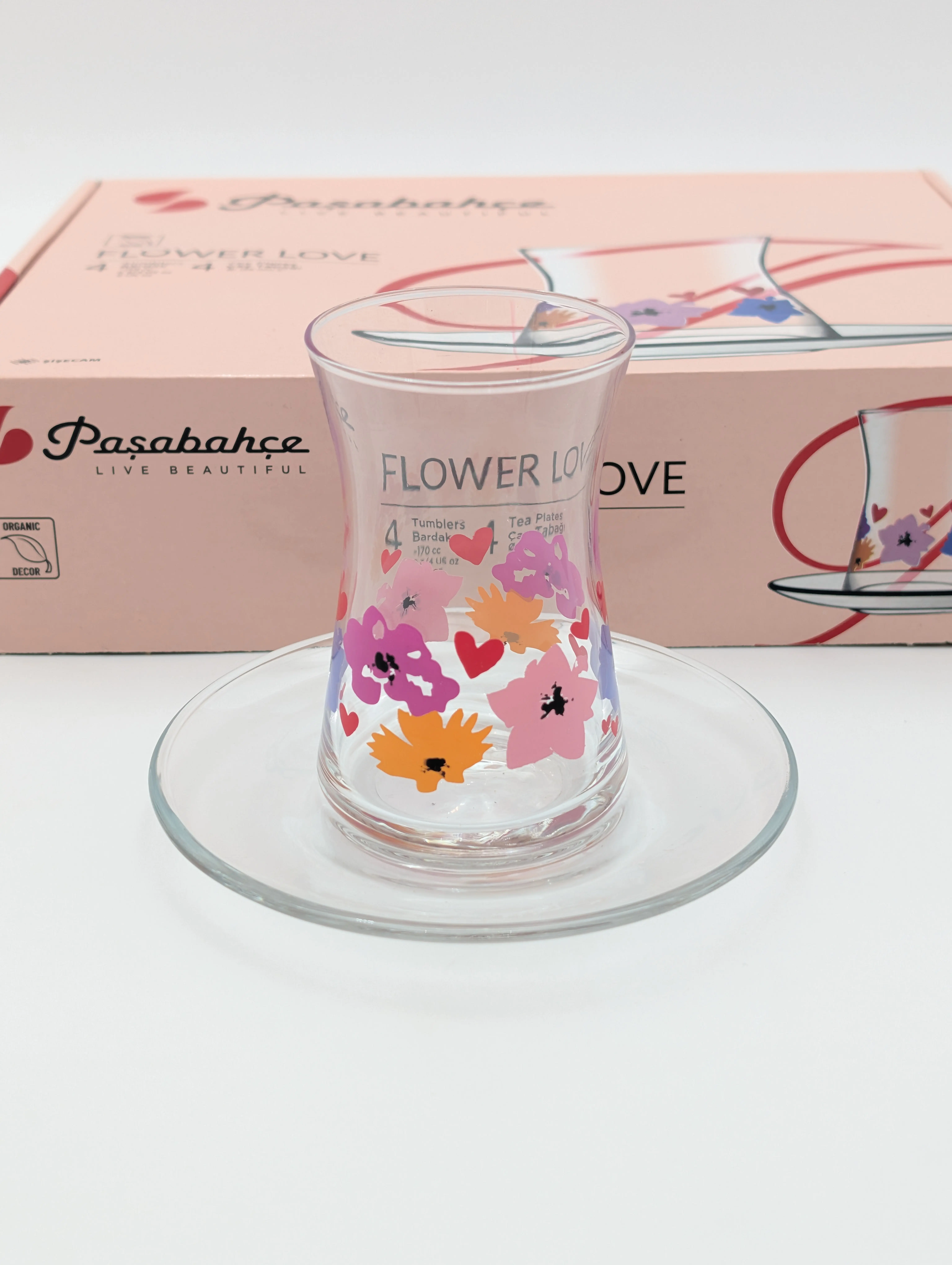ست استکان نعلبکی 8 پارچه (4عدد استکان + ۴عدد نعلبکی) مدل FLOWER LOVE برند پاشاباغچه ترکیه  _ شناسه کالا : 95290