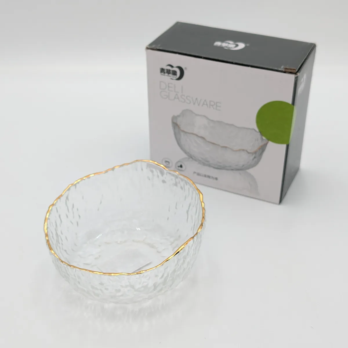 پیاله شیشه‌ای لبه طلایی طرح برجسته برند Deli Glass چین _ شناسه کالا : DX4005AR