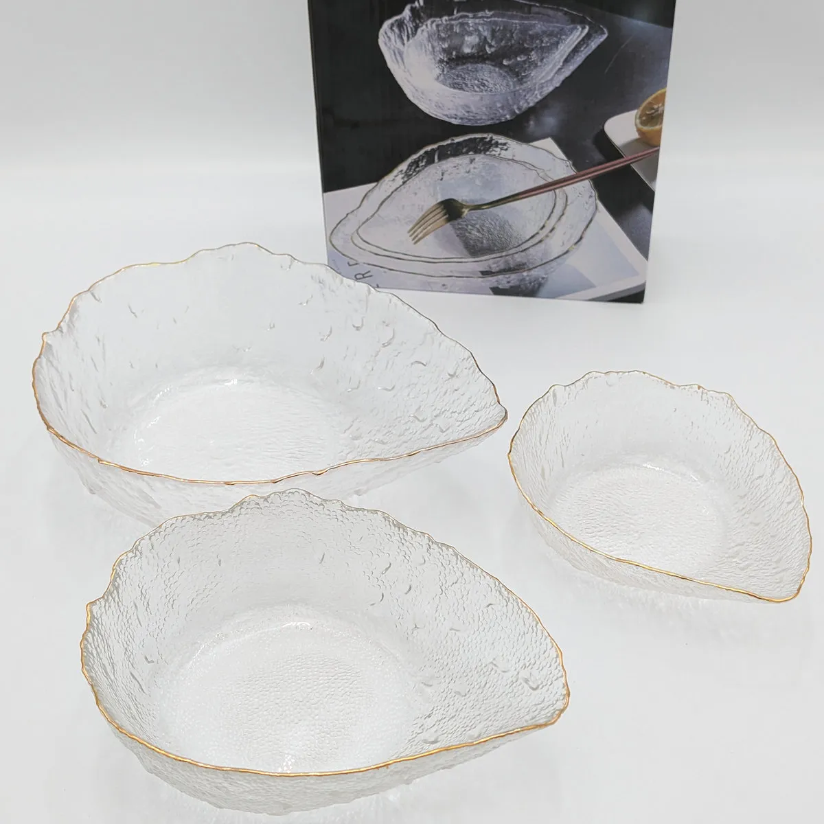 ست ۳ عددی کاسه شیشه‌ای  لبه طلایی طرح سنگی مدل Glass Ware