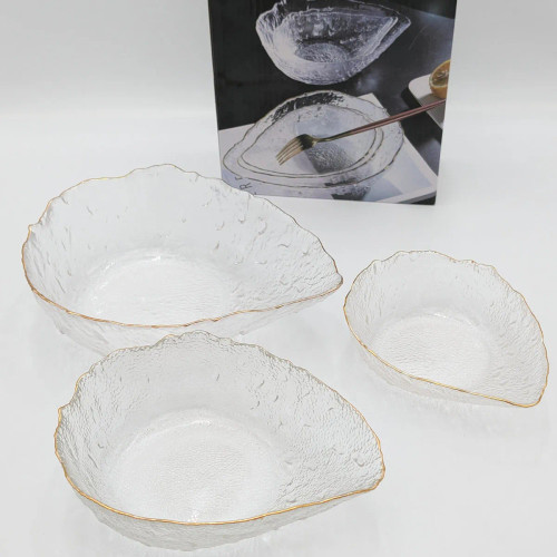 ست ۳ عددی کاسه شیشهای لبه طلایی طرح سنگی مدل Glass Ware