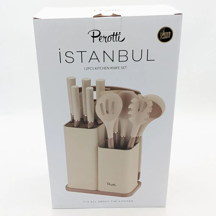 ست ۱۲ تکه چاقو آشپزخانه و لوازم پخت پروتی مدل استانبول Perotti Istanbul به همراه جاچاقوی رومیزی و تخته برش