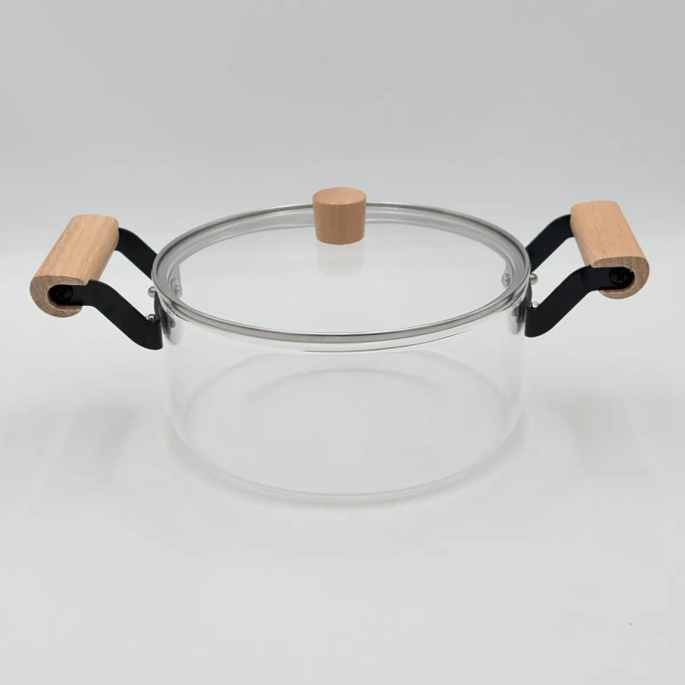 قابلمه شیشهای نسوز دو دسته با دستگیره چوبی ظرفیت ۲.۵ لیتر مدل Glass Pot