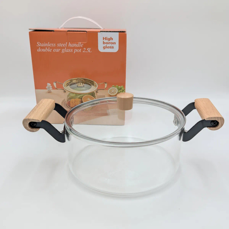 قابلمه شیشهای نسوز دو دسته با دستگیره چوبی ظرفیت ۲.۵ لیتر مدل Glass Pot