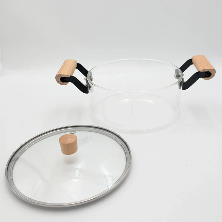 قابلمه شیشهای نسوز دو دسته با دستگیره چوبی ظرفیت ۲.۵ لیتر مدل Glass Pot