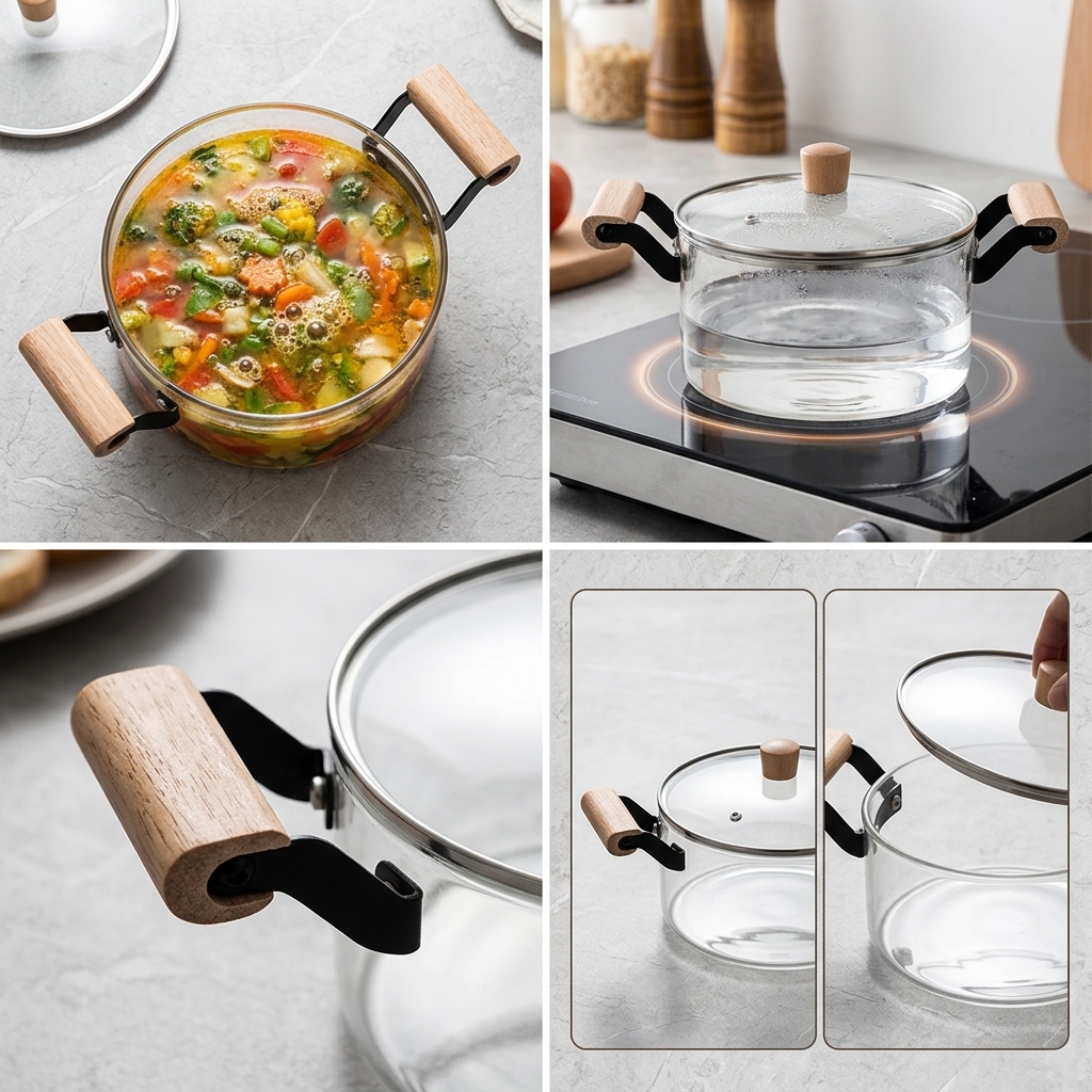 قابلمه شیشه‌ای نسوز دو دسته با دستگیره چوبی ظرفیت ۲.۵ لیتر مدل Glass Pot
