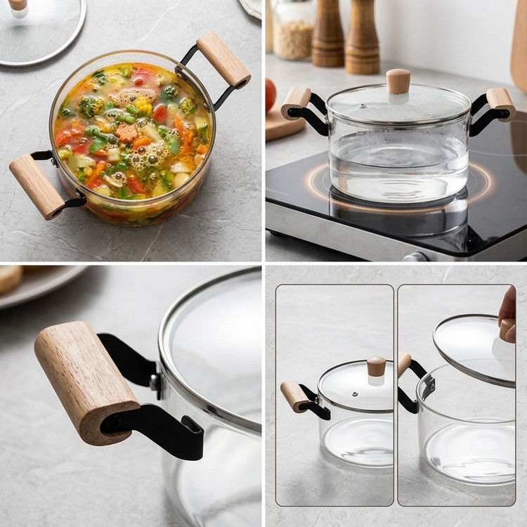 قابلمه شیشهای نسوز دو دسته با دستگیره چوبی ظرفیت ۲.۵ لیتر مدل Glass Pot