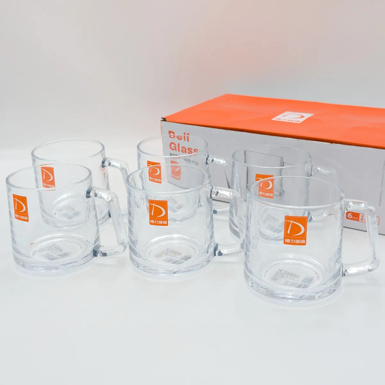 لیوان شیشهای دستهدار دلی گلاس سایز بزرگ مدل Toroidal Square Mug ظرفیت ۳۵۰ میلیلیتر (بسته ۶ عددی)