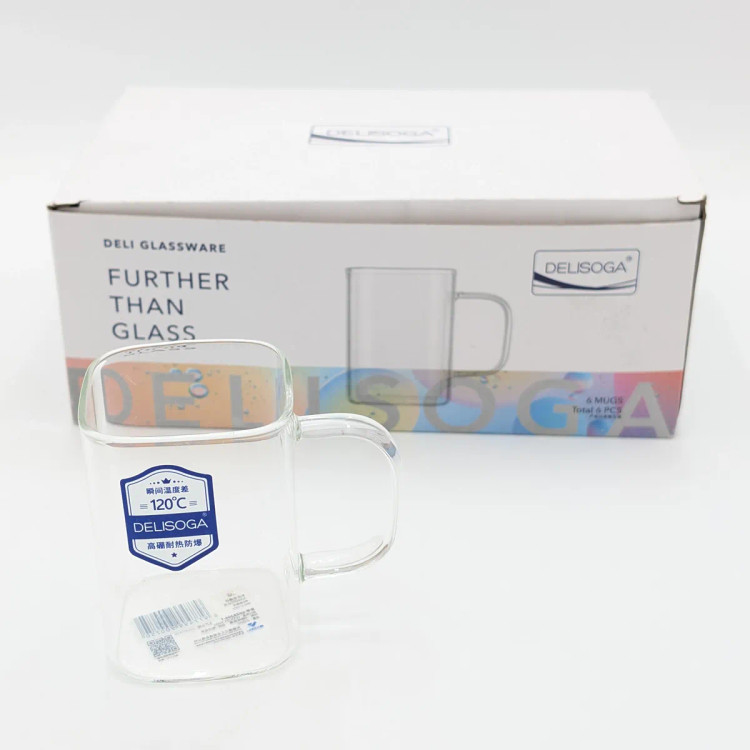 ماگ شیشهای نسوز دلیسوگا مدل مربعی بسته ۶ عددی ظرفیت ۲۳۰ میلیلیتر