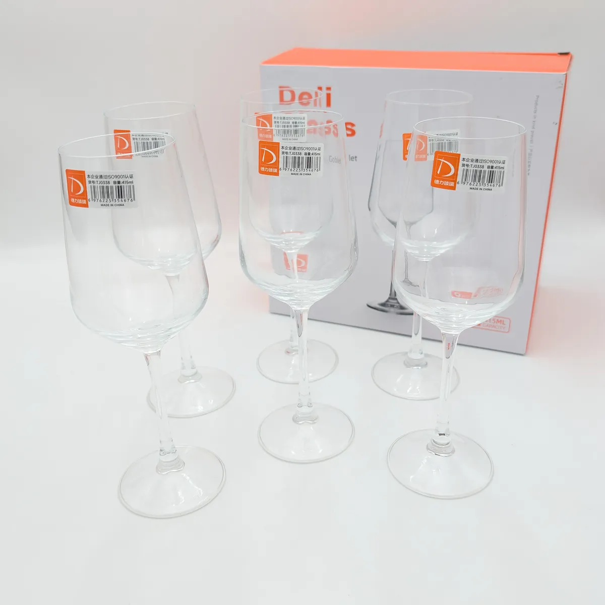 ست ۶ عددی جام پایه‌بلند شیشه‌ای دلی گلس Deli Glass سری موگوانگ Muguang کد TJ0338 ظرفیت ۴۱۵ میلی‌لیتر