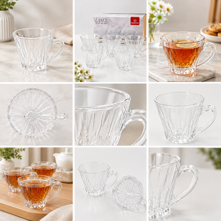 ست ۶ عددی فنجان شیشهای دستهدار طرح الماسی آدریا گلس Aderia Glass مدل Lance