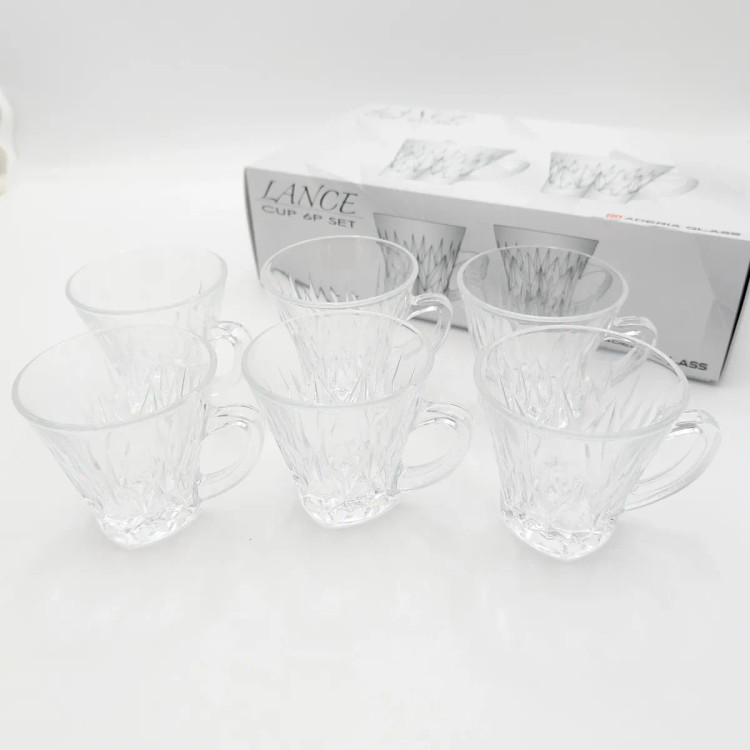 ست ۶ عددی فنجان شیشهای دستهدار طرح الماسی آدریا گلس Aderia Glass مدل Lance