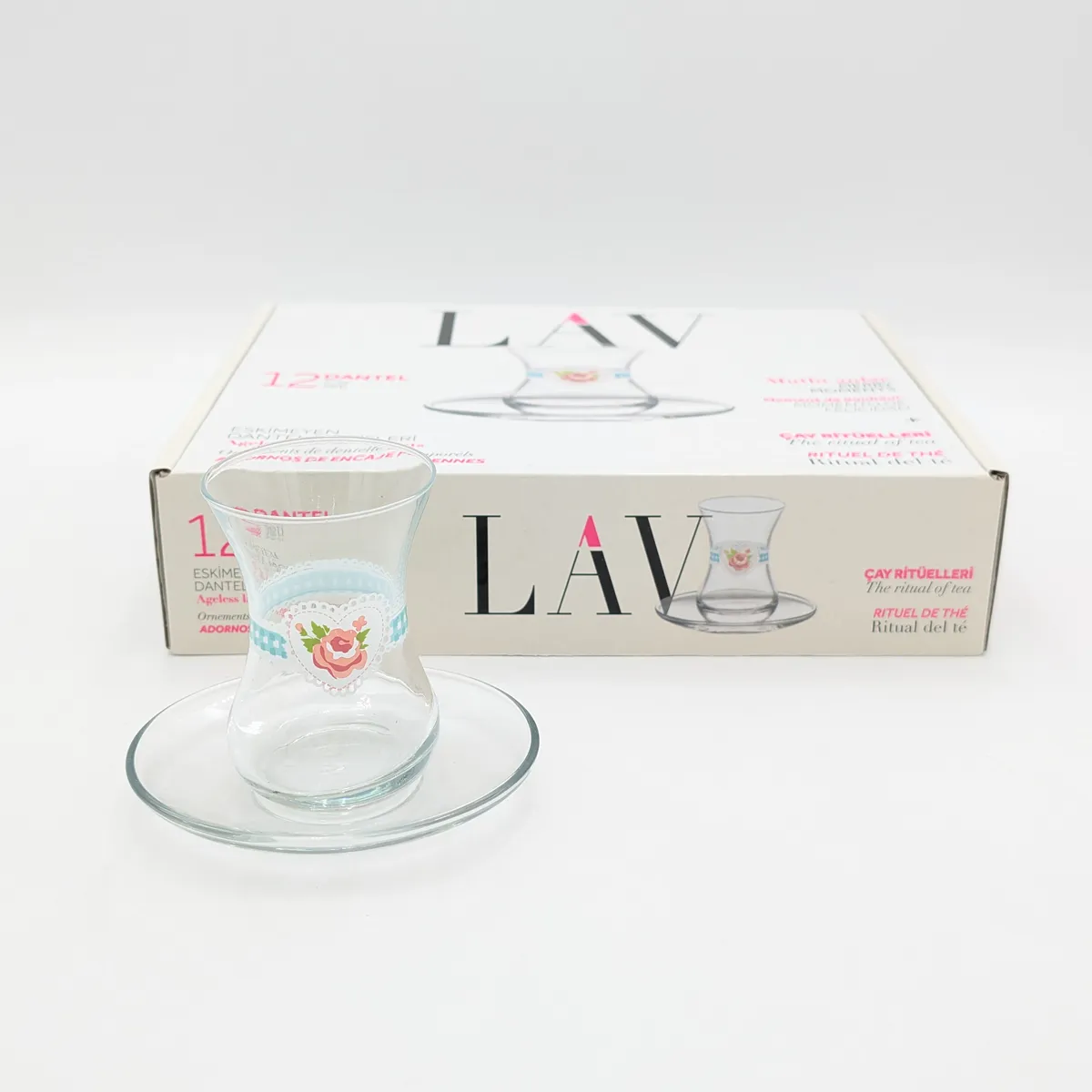 ست ۱۲ تکه استکان و نعلبکی شیشه‌ای کمر باریک لاو LAV مدل دانتل Dantel طرح گل رز و قلب (۶ استکان ۱۳۵ میلی‌لیتری + ۶ نعلبکی)