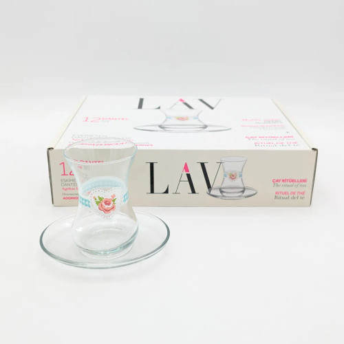 ست ۱۲ تکه استکان و نعلبکی شیشهای کمر باریک لاو LAV مدل دانتل Dantel طرح گل رز و قلب (۶ استکان ۱۳۵ میلیلیتری + ۶ نعلبکی)