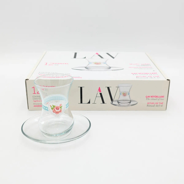 ست ۱۲ تکه استکان و نعلبکی شیشهای کمر باریک لاو LAV مدل دانتل Dantel طرح گل رز و قلب (۶ استکان ۱۳۵ میلیلیتری + ۶ نعلبکی)