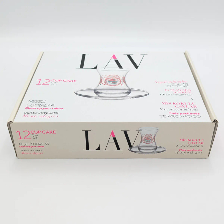 ست ۱۲ تکه استکان و نعلبکی شیشهای کمر باریک لاو LAV مدل کاپکیک Cup Cake (۶ استکان + ۶ نعلبکی)