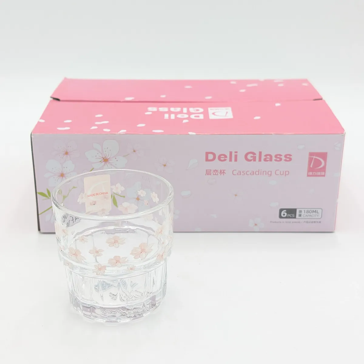 ست ۶ عددی لیوان شیشه‌ای Deli Glass مدل پلکانی طرح شکوفه صورتی (Good Afternoon)