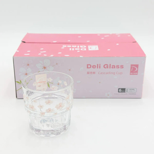 ست ۶ عددی لیوان شیشهای Deli Glass مدل پلکانی طرح شکوفه صورتی (Good Afternoon)