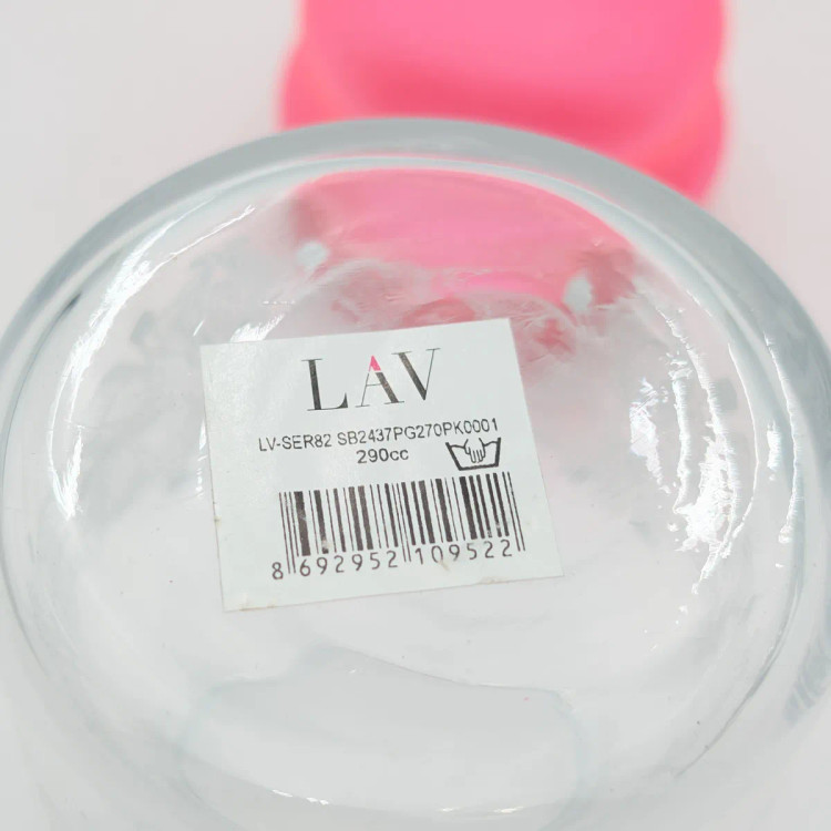 بانکه شیشهای دربدار لاو (LAV) طرح توری سفید با درب صورتی مات ظرفیت ۲۹۰ میلیلیتر