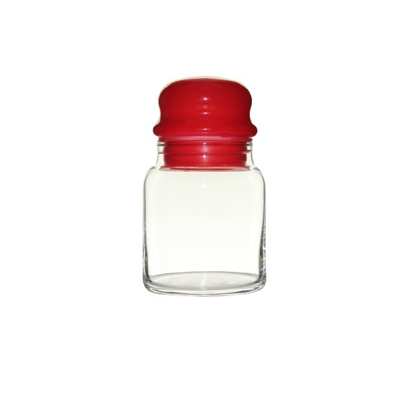 بانکه شیشه‌ای درب‌دار لاو (LAV) طرح قرمز درب دار ظرفیت ۲۹۰ میلی‌لیتر