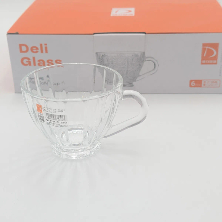 ست ۶ عددی فنجان چای خوری شیشهای دستهدار دلی گلس (Deli Glass) مدل دان (Dawn) طرح راهراه ظرفیت ۲۱۰ میلیلیتر