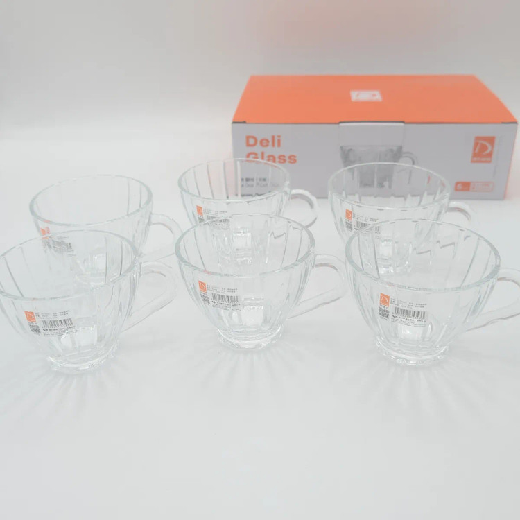 ست ۶ عددی فنجان چای خوری شیشهای دستهدار دلی گلس (Deli Glass) مدل دان (Dawn) طرح راهراه ظرفیت ۲۱۰ میلیلیتر