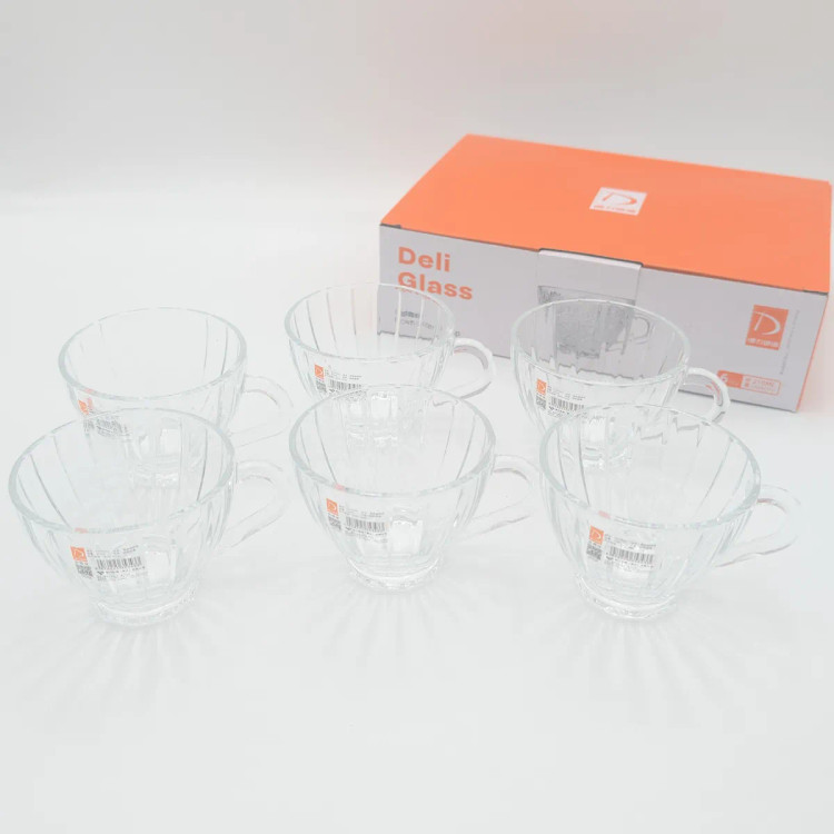 ست ۶ عددی فنجان چای خوری شیشهای دستهدار دلی گلس (Deli Glass) مدل دان (Dawn) طرح راهراه ظرفیت ۲۱۰ میلیلیتر